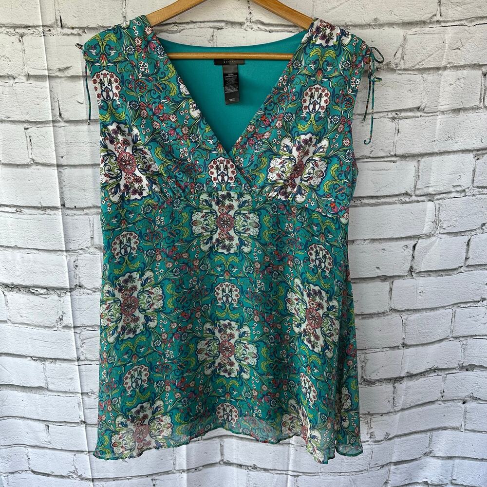 Preowned Bisou Bisou Teal Floral Overlay Surplice Tank Petite Large